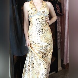 Vintage Y2K Leopard Print Halter Maxi Dress